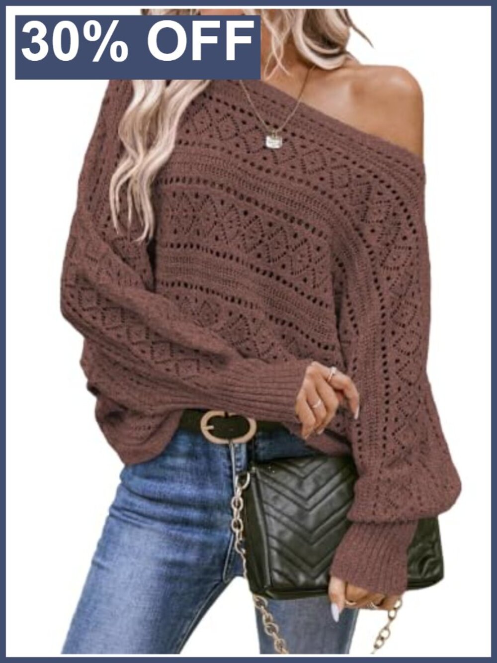 Off Shoulder Oversized Batwing Sleeve Knit Pullover Sweater